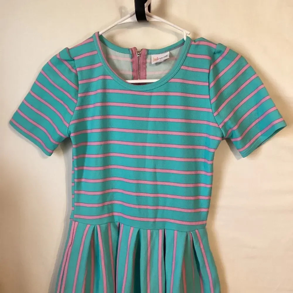 1134 LuLaRoe Amelia Short Sleeve Dress With Aqua & Pink Stripes Size Extra Small